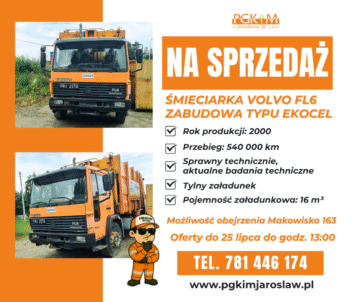 ZAPROSZENIE DO SKŁADANIA OFERT CENOWYCH NA ZAKUP ŚMIECIARKI VOLVO FL6 Z ZABUDOWĄ EKOCEL